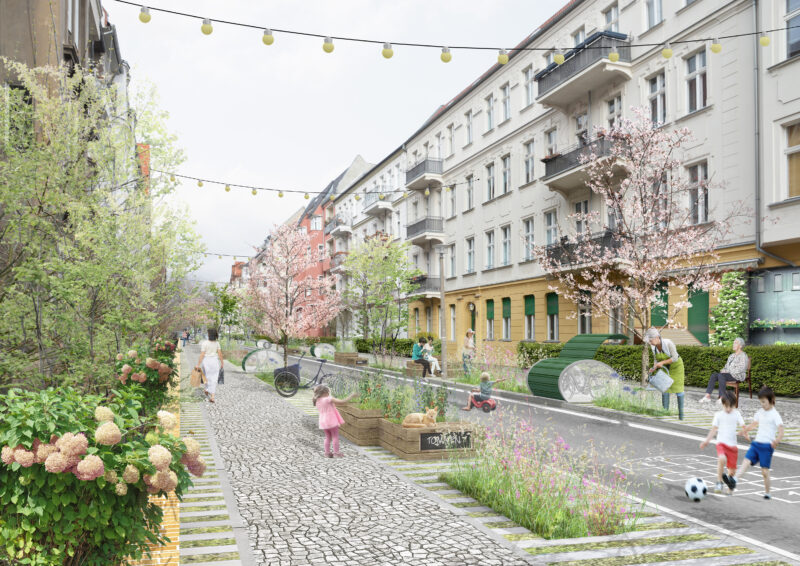 Visualisierung einer autofreien Straße mit Nutzung durch Kinder, viel Grün u.a.