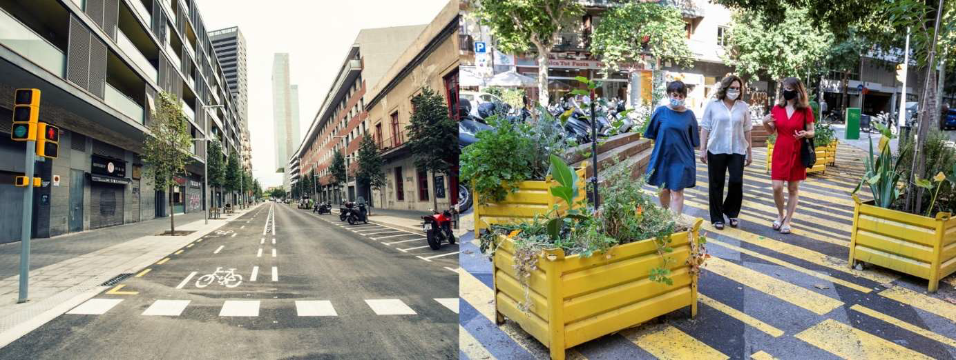Beispiel für verändertes Straßenbild in Barcelona, Vergleich 2017 und 2020